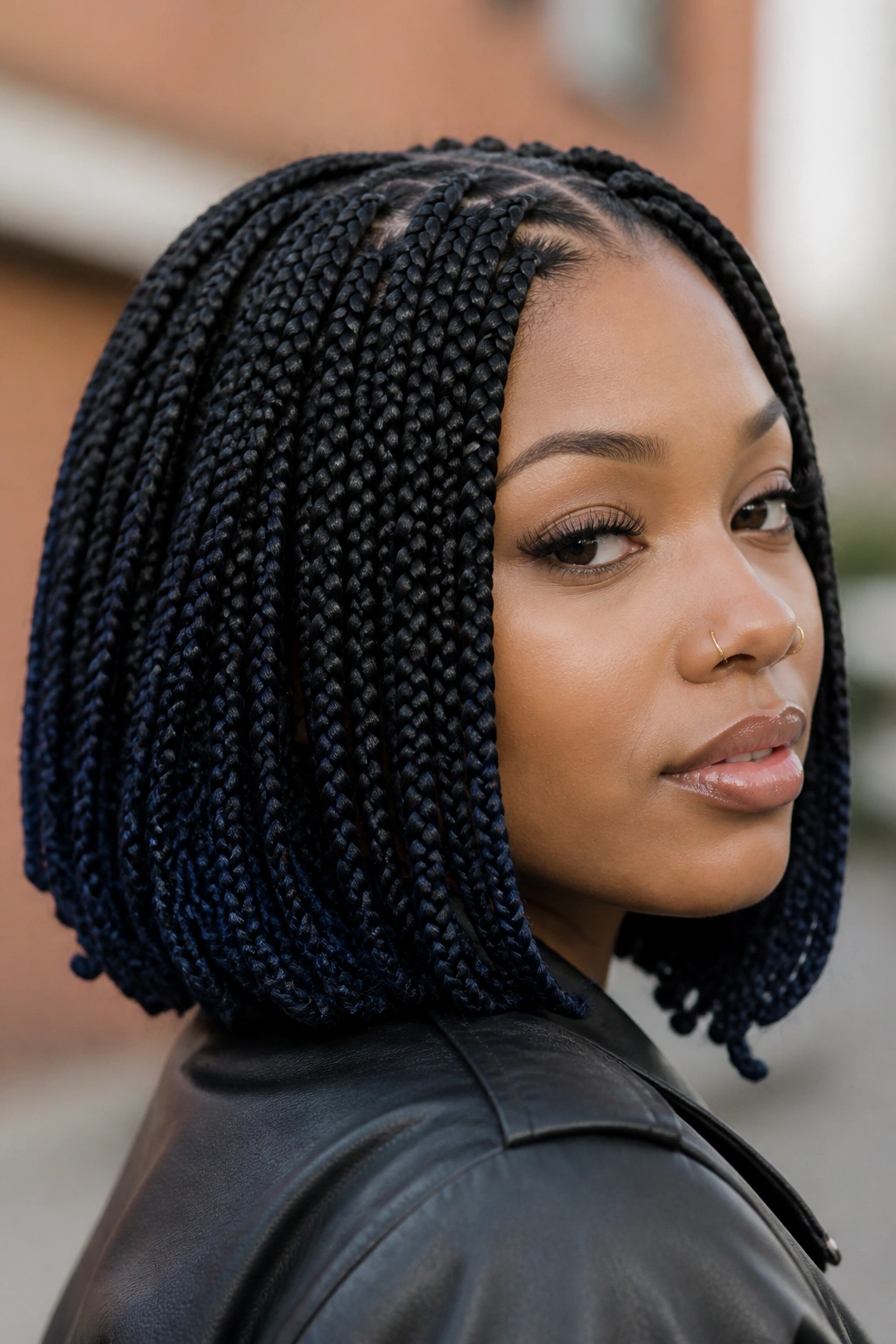 Close-up of a real woman with jet-black hair and midnight blue ends in a bob-length goddess style.