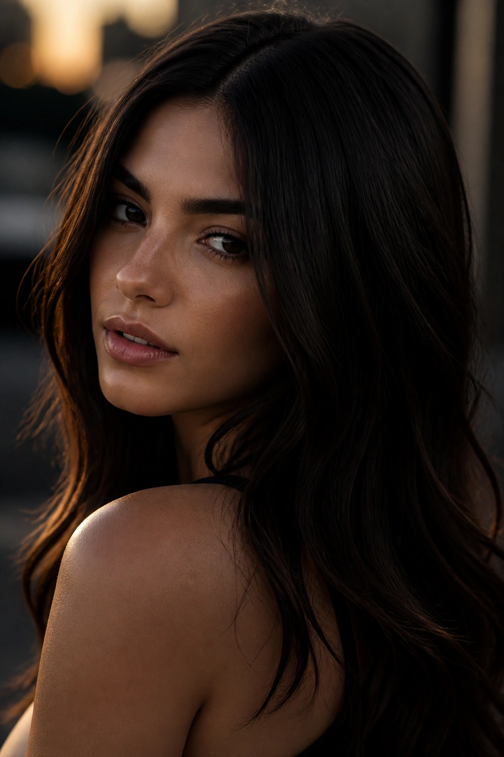 Close-up portrait of a woman with midnight brown hair