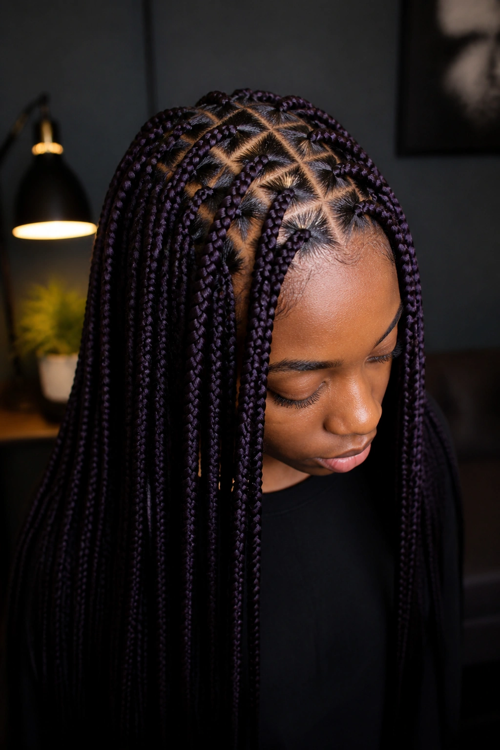 Close-up of real person with midnight purple triangle-part knotless braids.