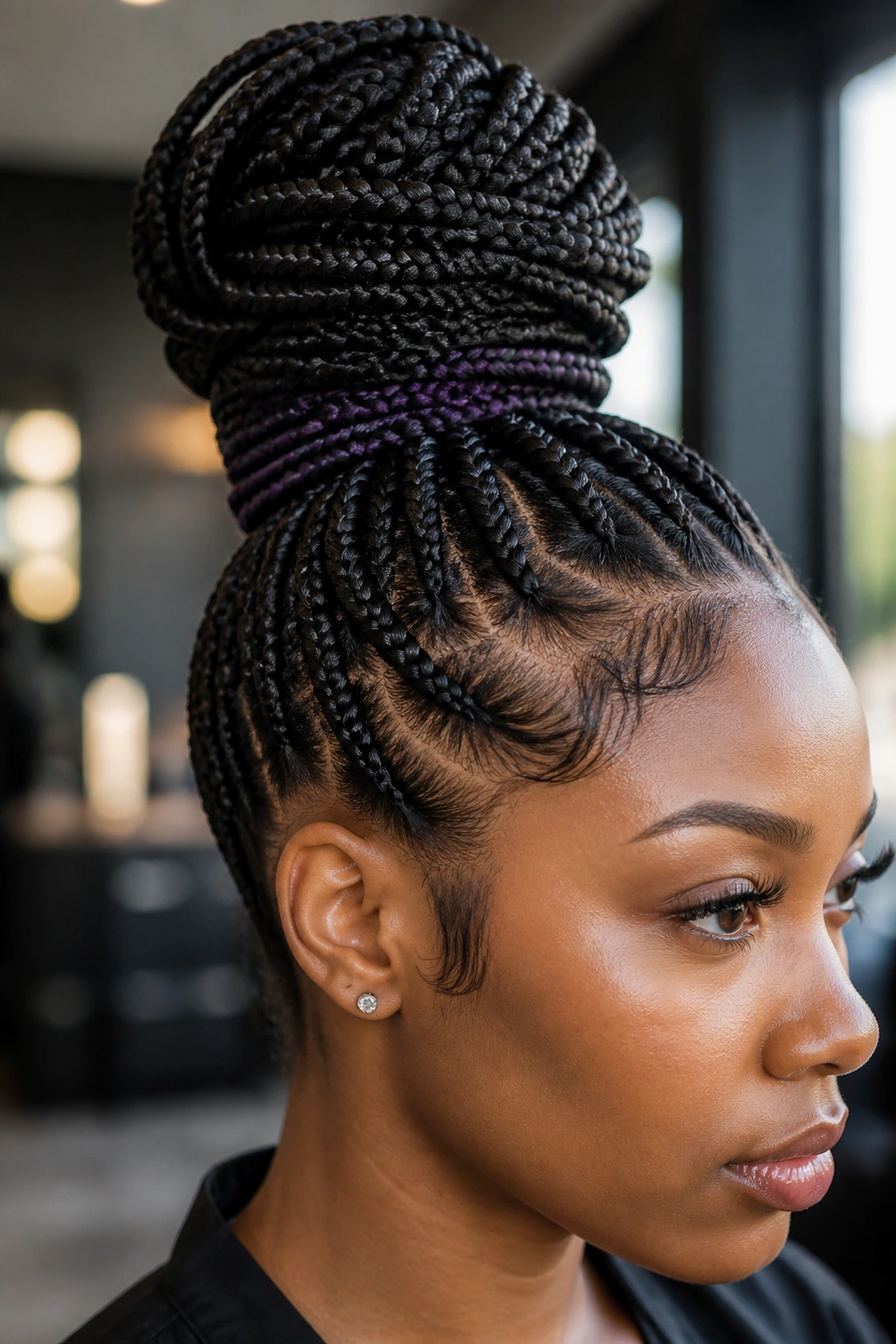 Close-up of real person with midnight purple peeking at the base of a high bun