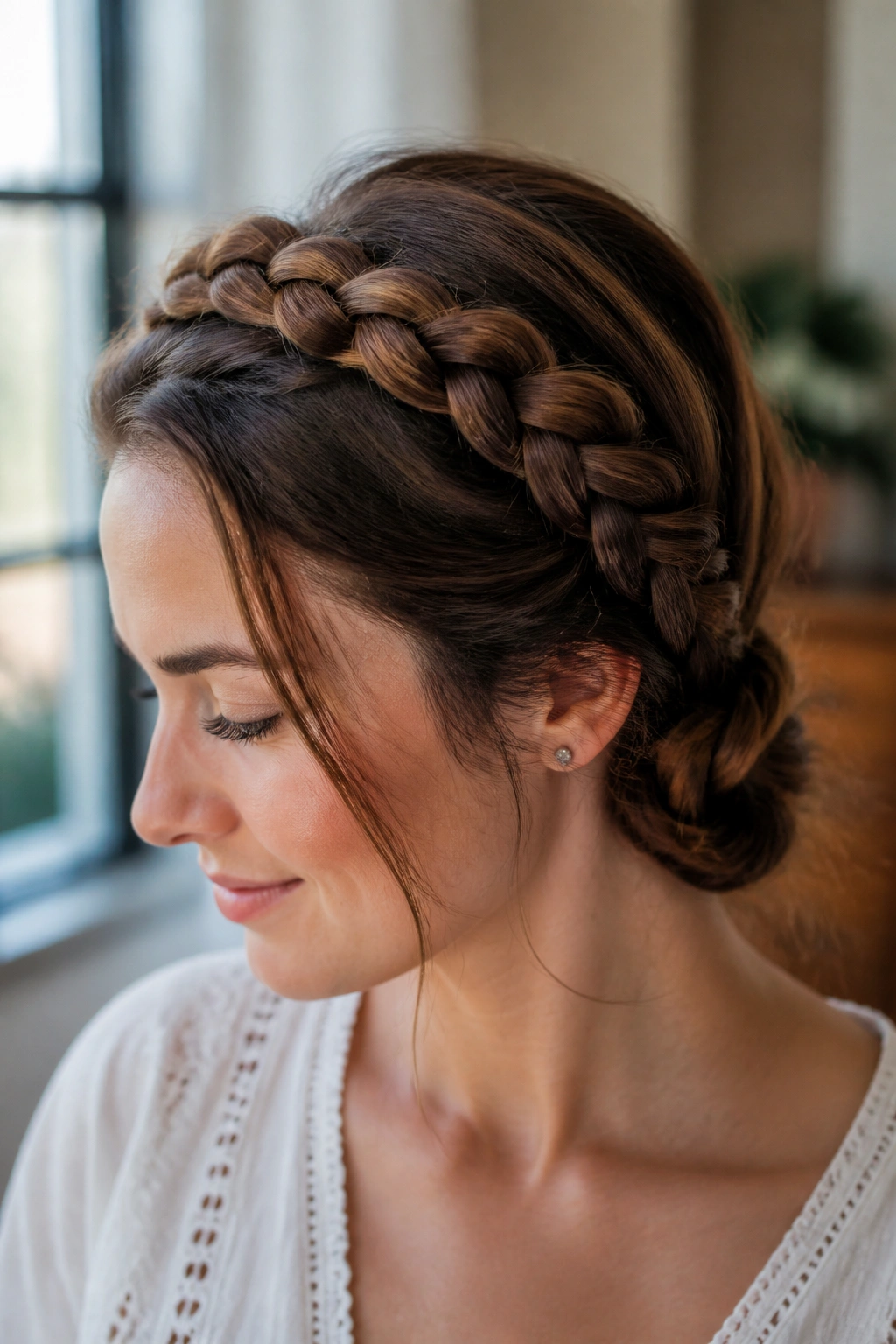 Close-up of a woman wearing milkmaid braids across the crown