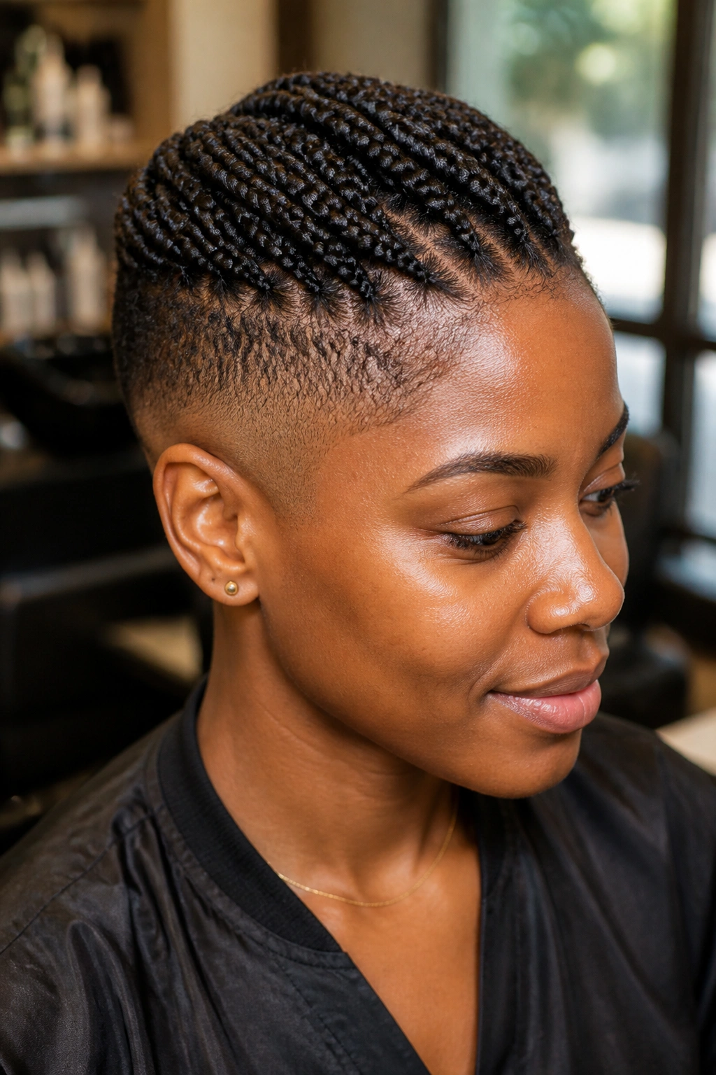 Close-up of a woman with tapered sides and micro box braids on top in warm salon light