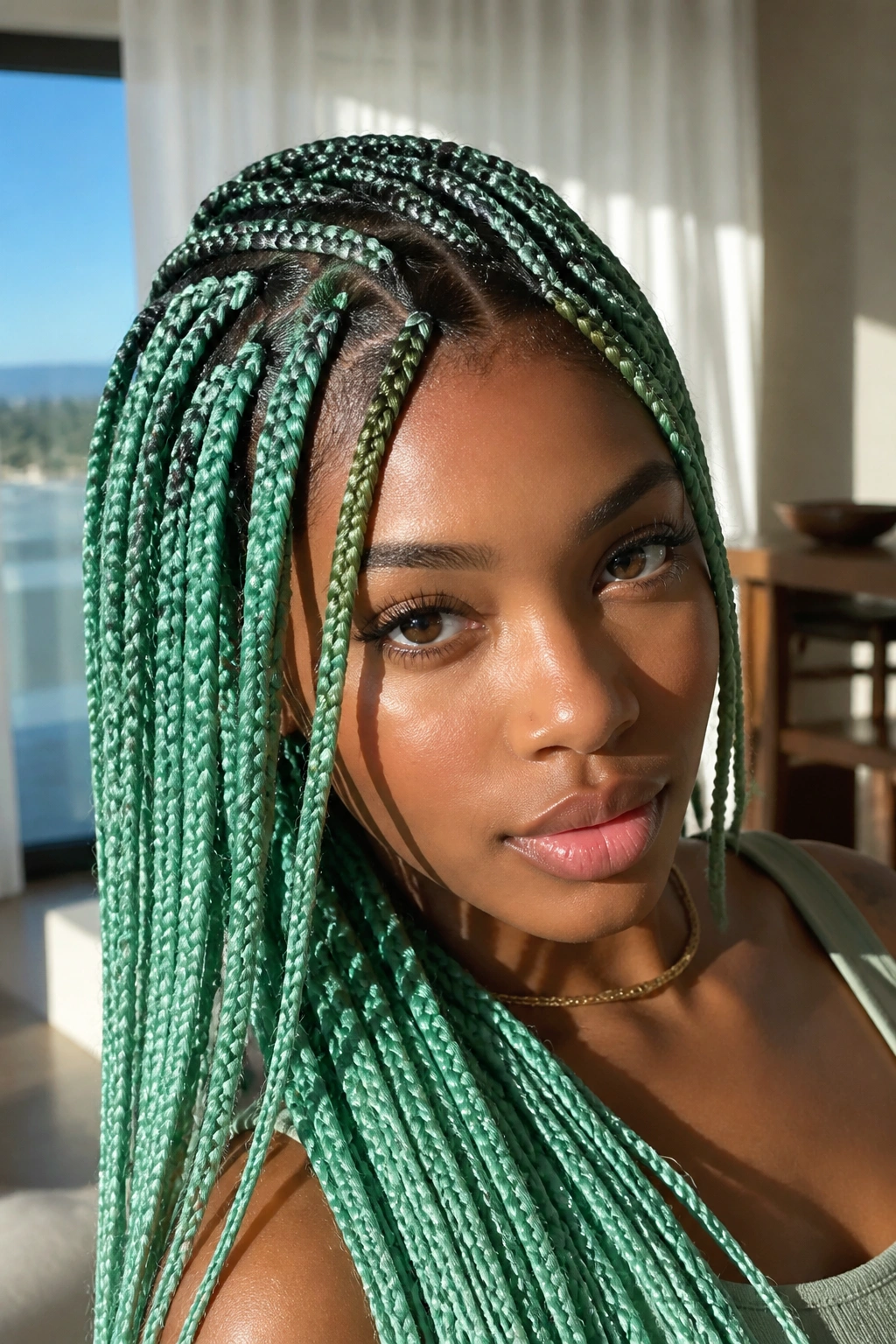 Close-up portrait of a woman with mint green box braids in natural window light