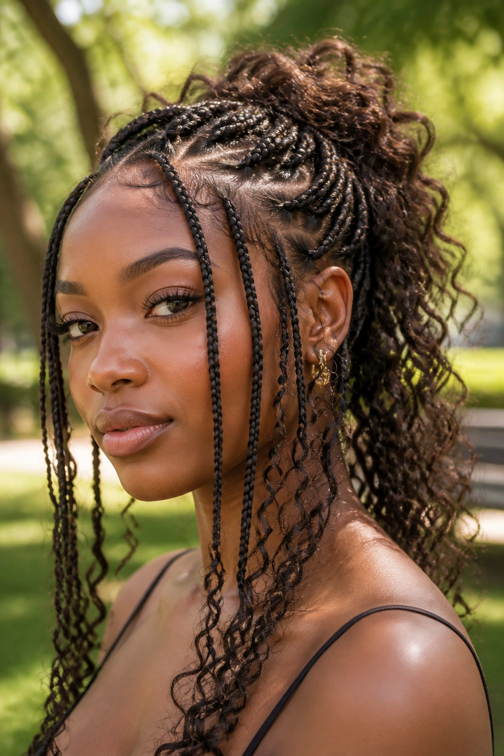 Real person with mixed straight and curly boho braids in park light