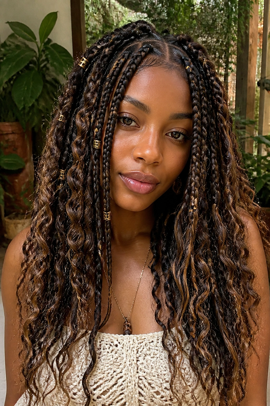 Shoulder-level portrait of a real person with mixed texture gypsy braids in a garden setting