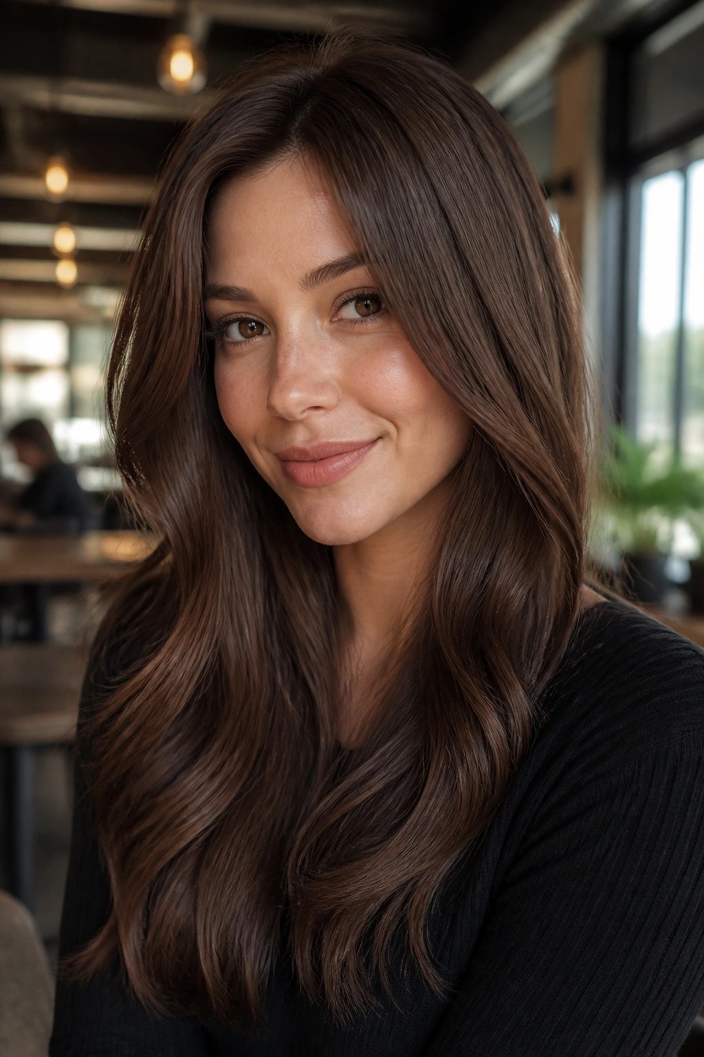 Close-up portrait of a woman with mocha brown hair
