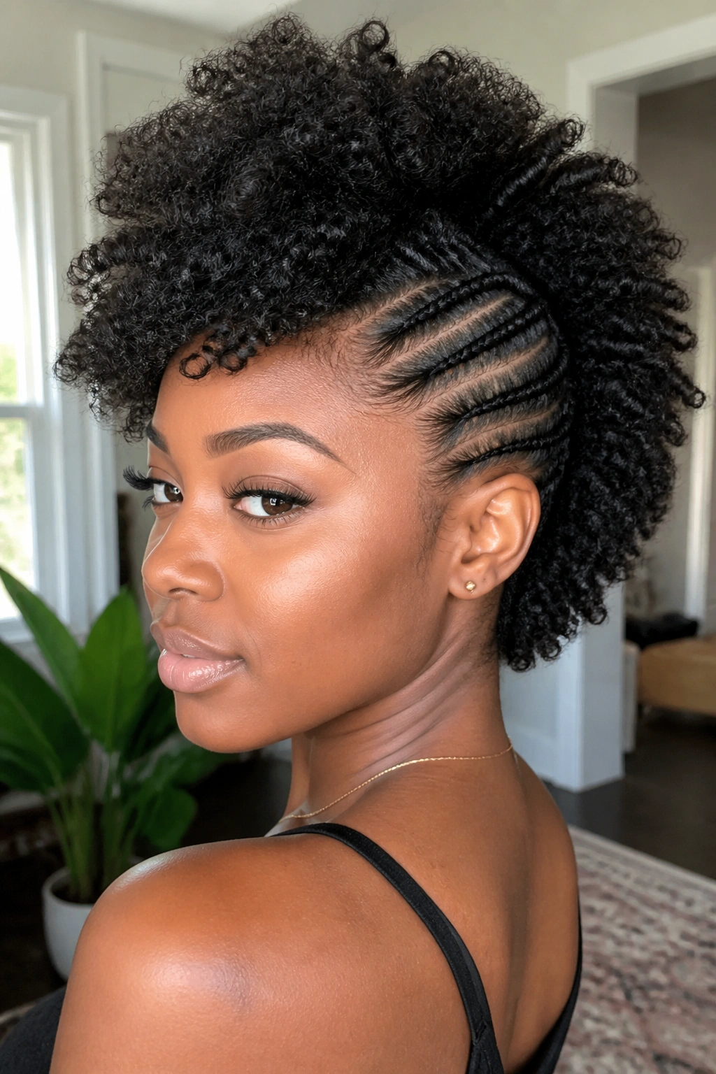 Portrait of a real person with a mohawk braid out featuring braided sides and a curly center.