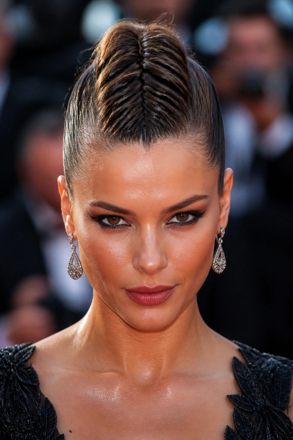Front-facing portrait of a real woman with a thick center fishtail Mohawk braid.