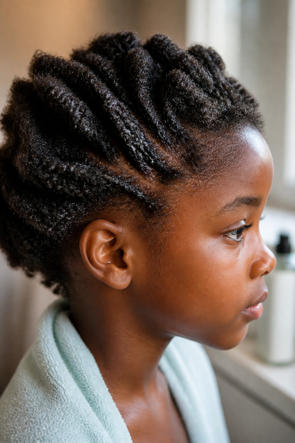 Close-up of a child’s hair showing moisture layers before braiding