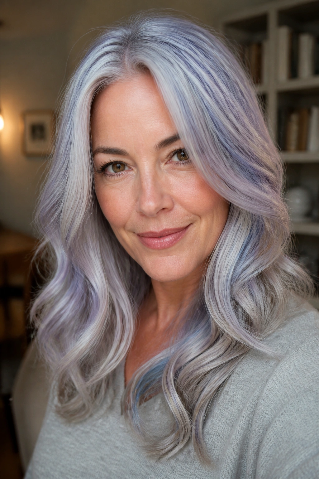Close-up portrait of a real person with moonstone silver hair showing blue and violet iridescent flashes