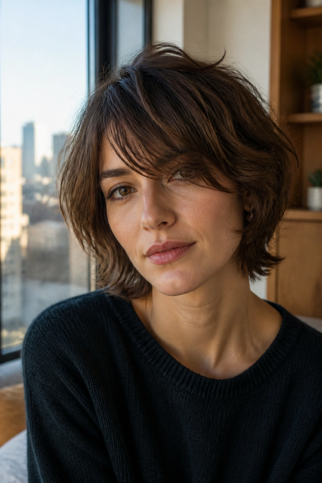 Portrait of a woman with a modern mop-style cut with side bangs, natural window light