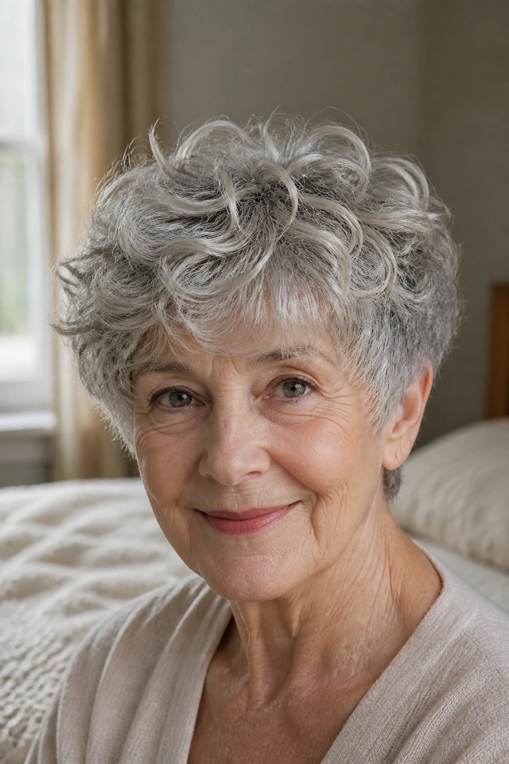 Close-up portrait of an older woman with mop-top pixie curly hairstyle in a sunlit bedroom
