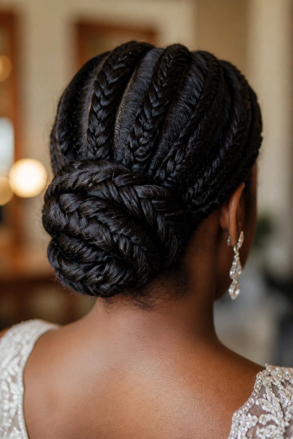 Back of head close-up showing multi-strand fishtail updo with basket-weave bun