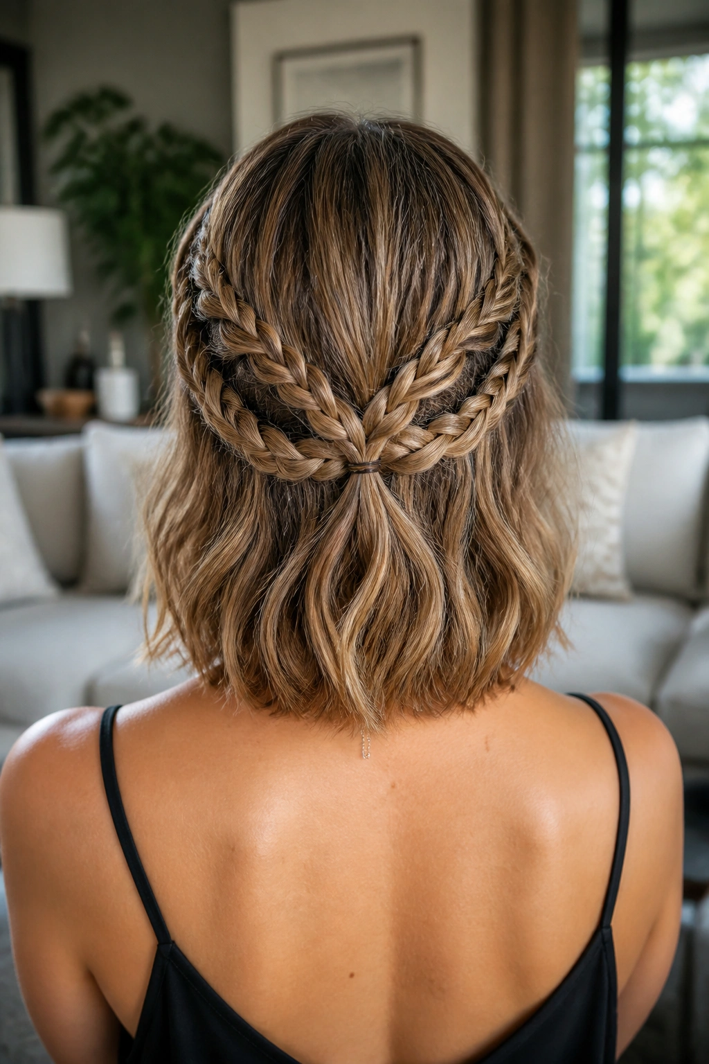 Close-up of a real woman showing multiple lace braids wrapping around the back of the head