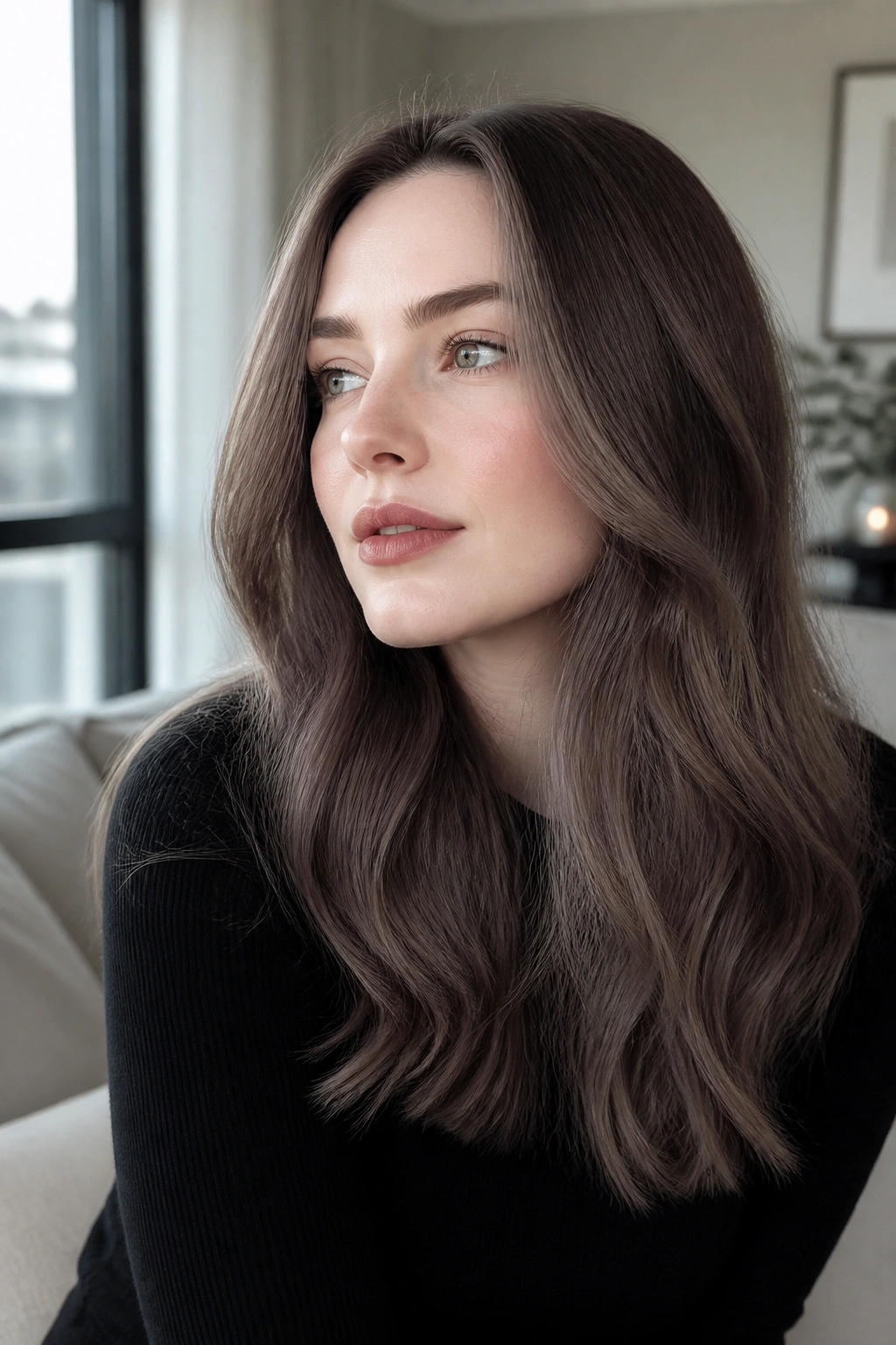 Close-up of pale-skinned woman with ash brown hair and violet undertones in daylight