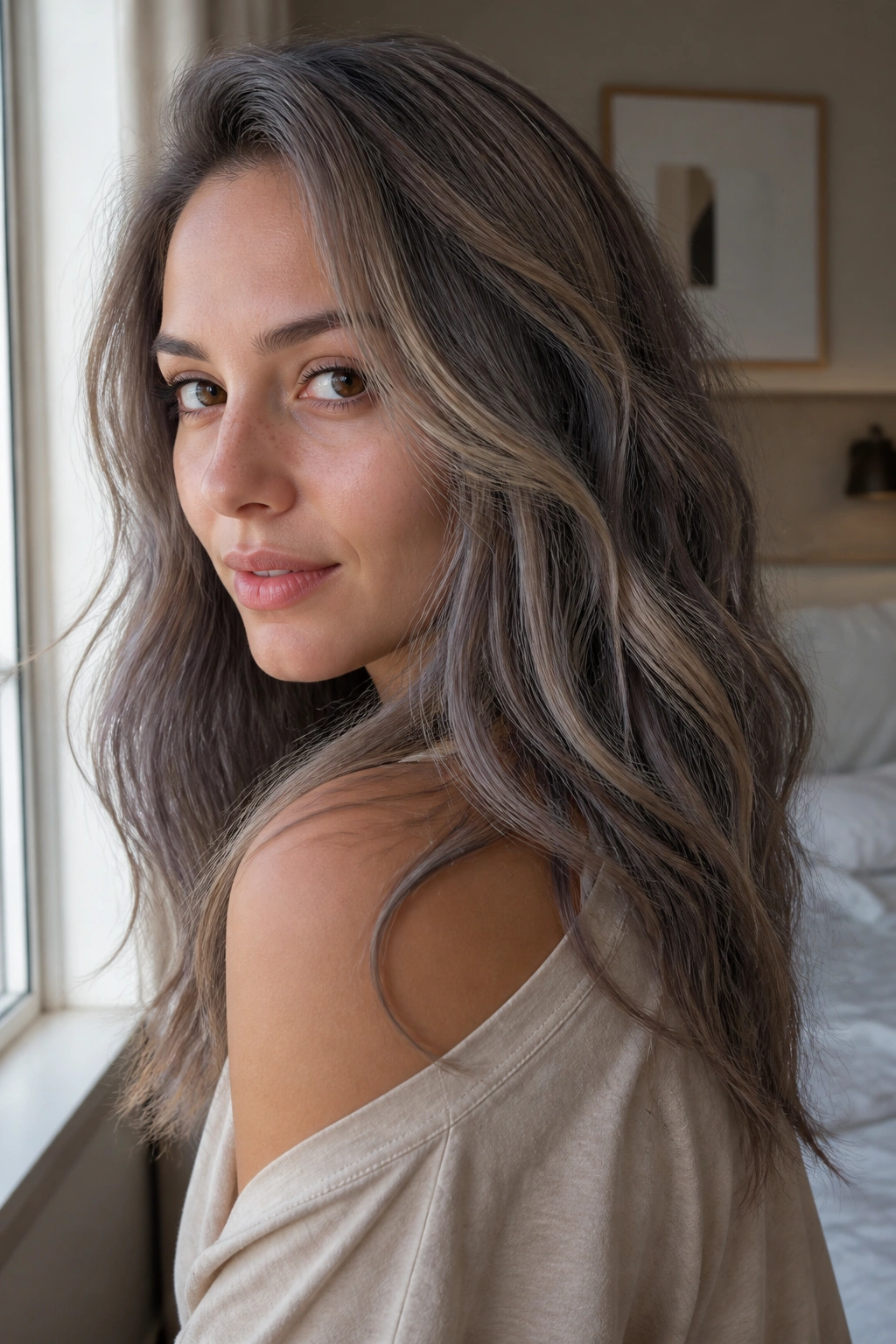 Close-up of a real woman with mushroom brown ash-toned hair in natural window light.
