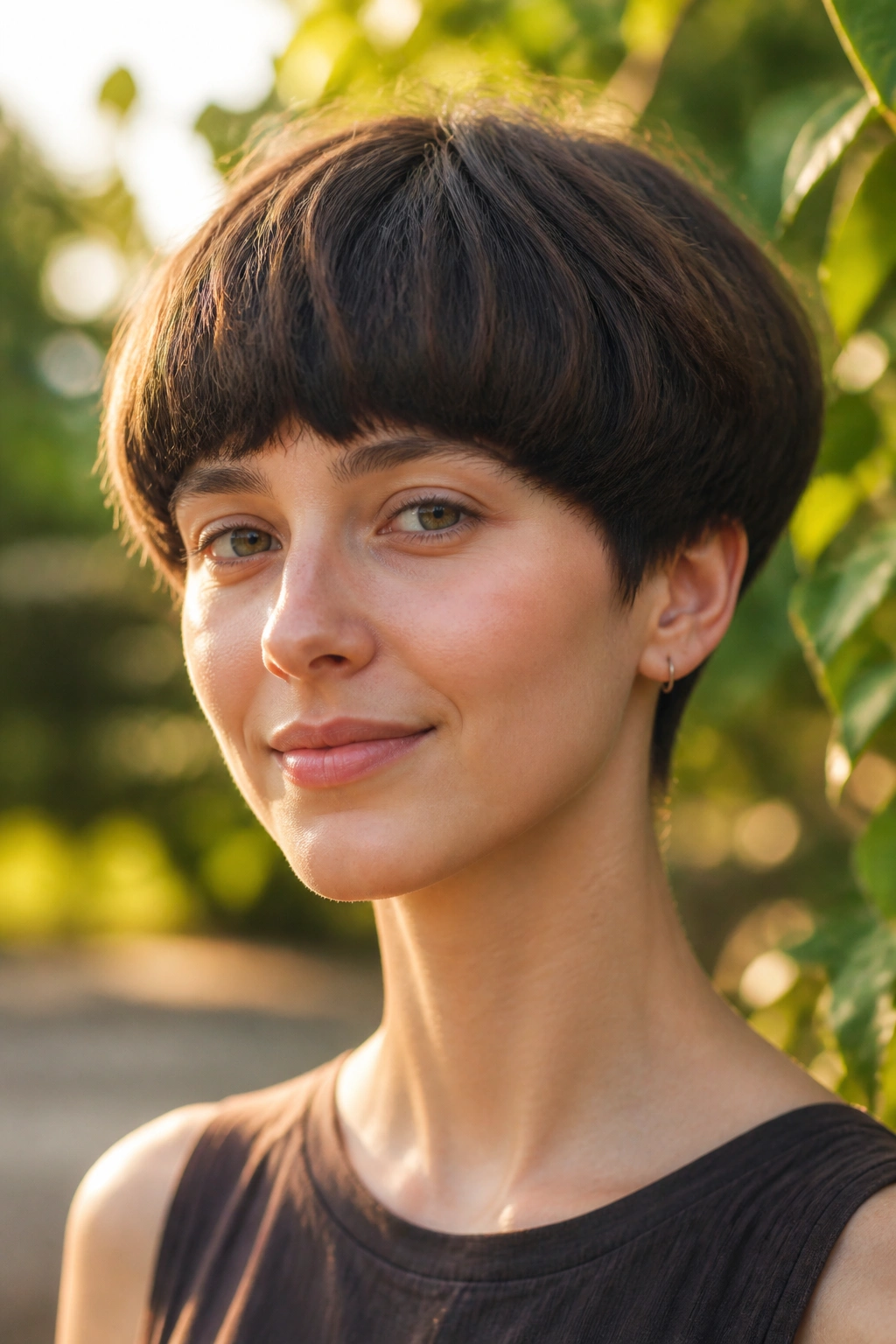 Close-up portrait of a person with a mushroom cut hairstyle outdoors