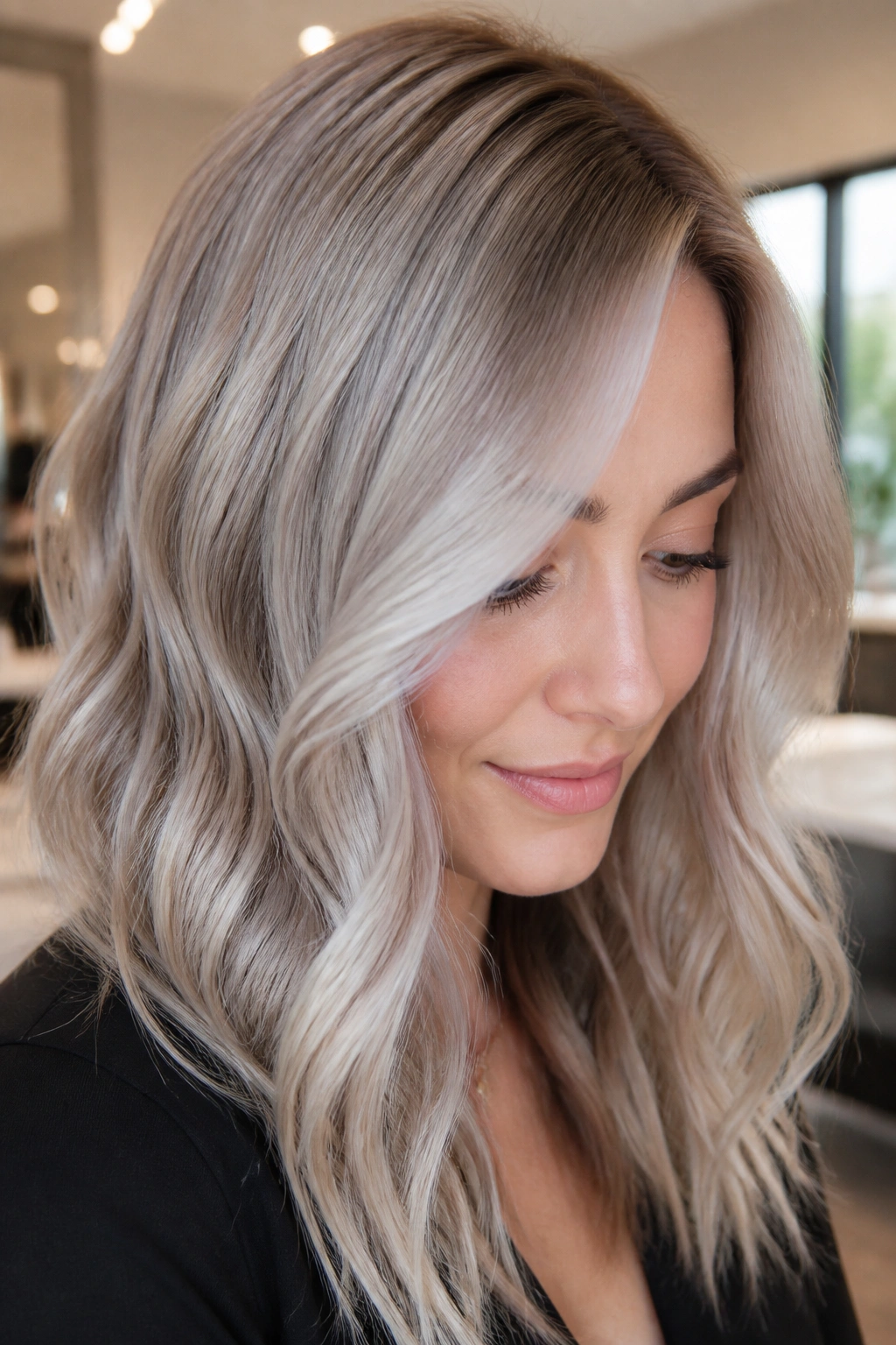 Close-up portrait of a real woman with mushroom platinum greige hair in a taupe-toned salon
