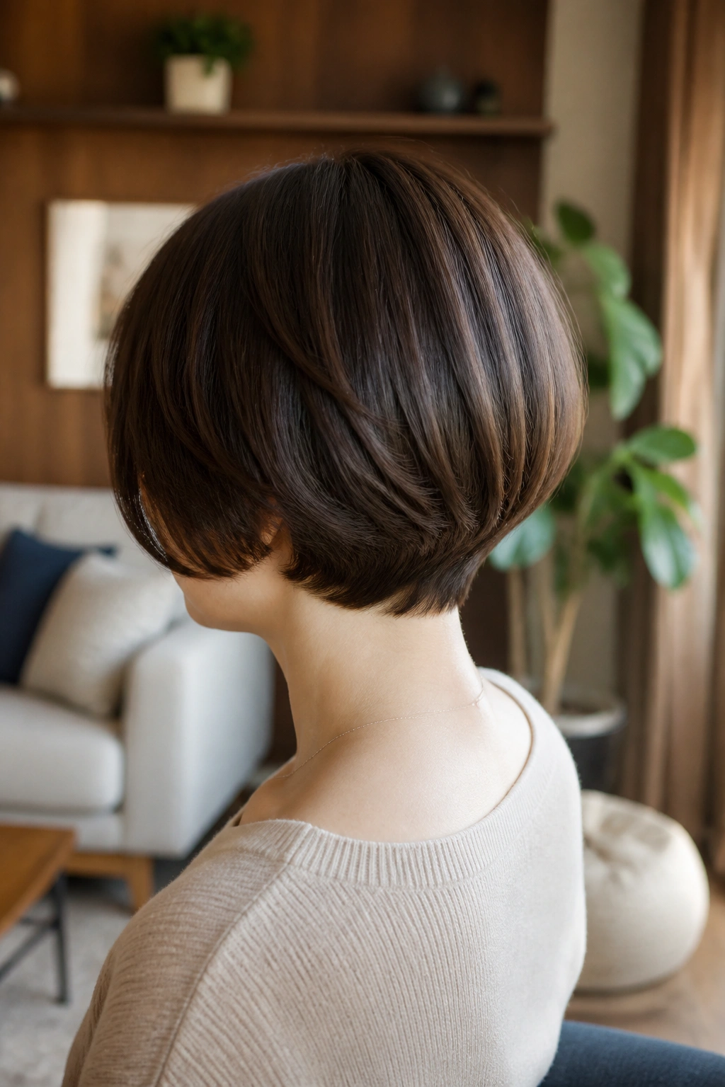 Back view of real person with tucked-in bob showing nape graduation