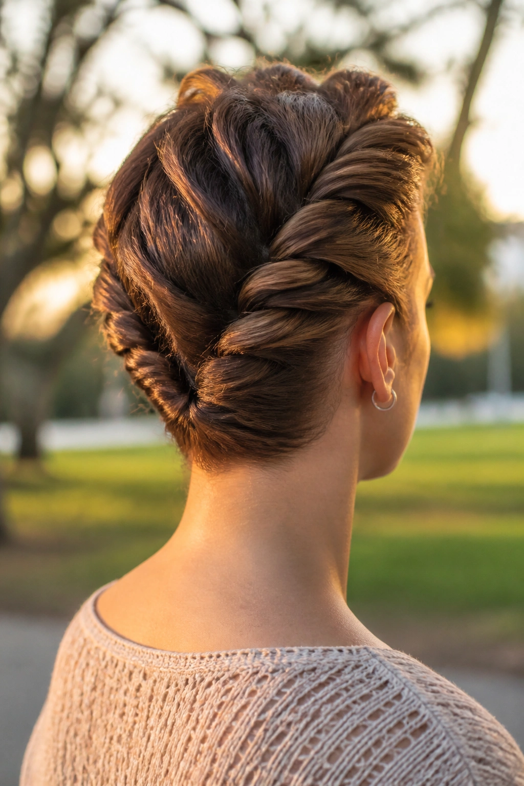 Back view highlighting nape-up reverse rope twist on short hair