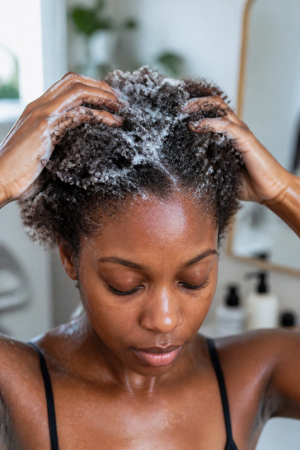 Close-up portrait of a real woman washing natural hair with clarifying shampoo in a bright bathroom