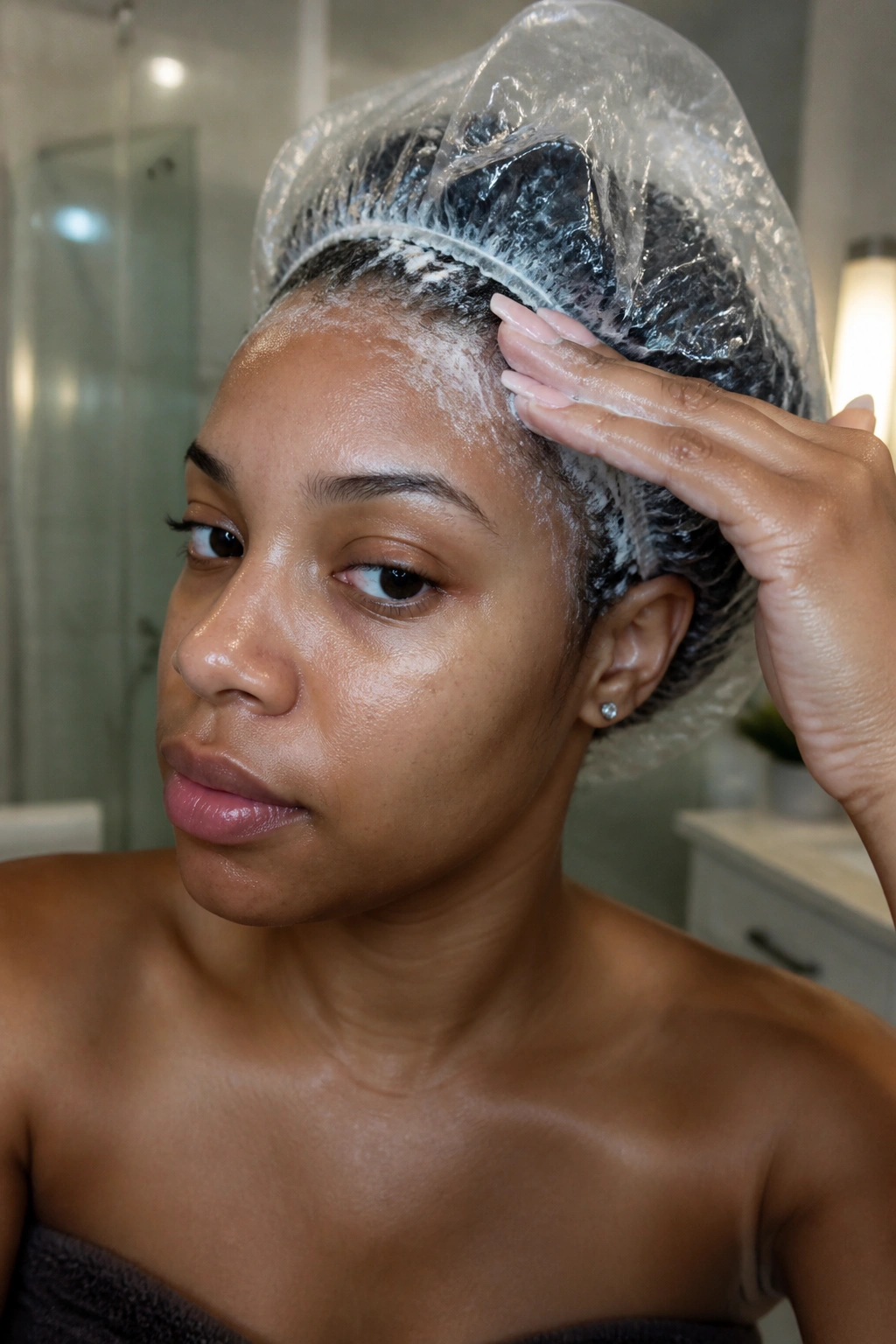 Close-up of a real person preparing natural hair for jumbo extensions with a plastic conditioning cap
