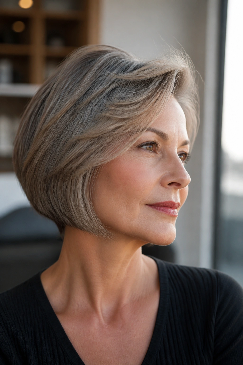 Portrait of a real woman with neck-grazing bob and cheekbone lift