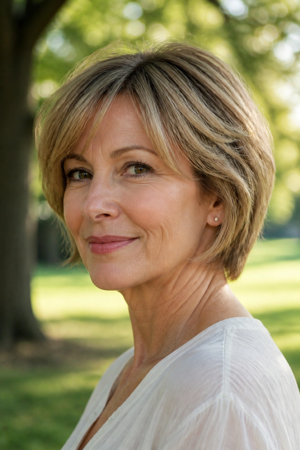 Close-up of a real woman with a neck-length layered crop in an outdoor morning setting.
