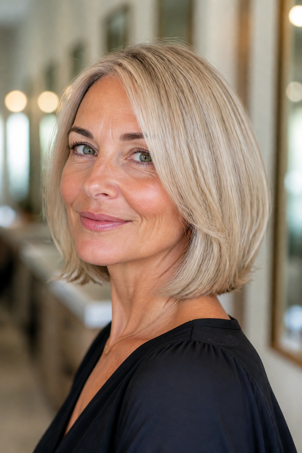 Close-up of a real woman with a neck-length lob and invisible layers.