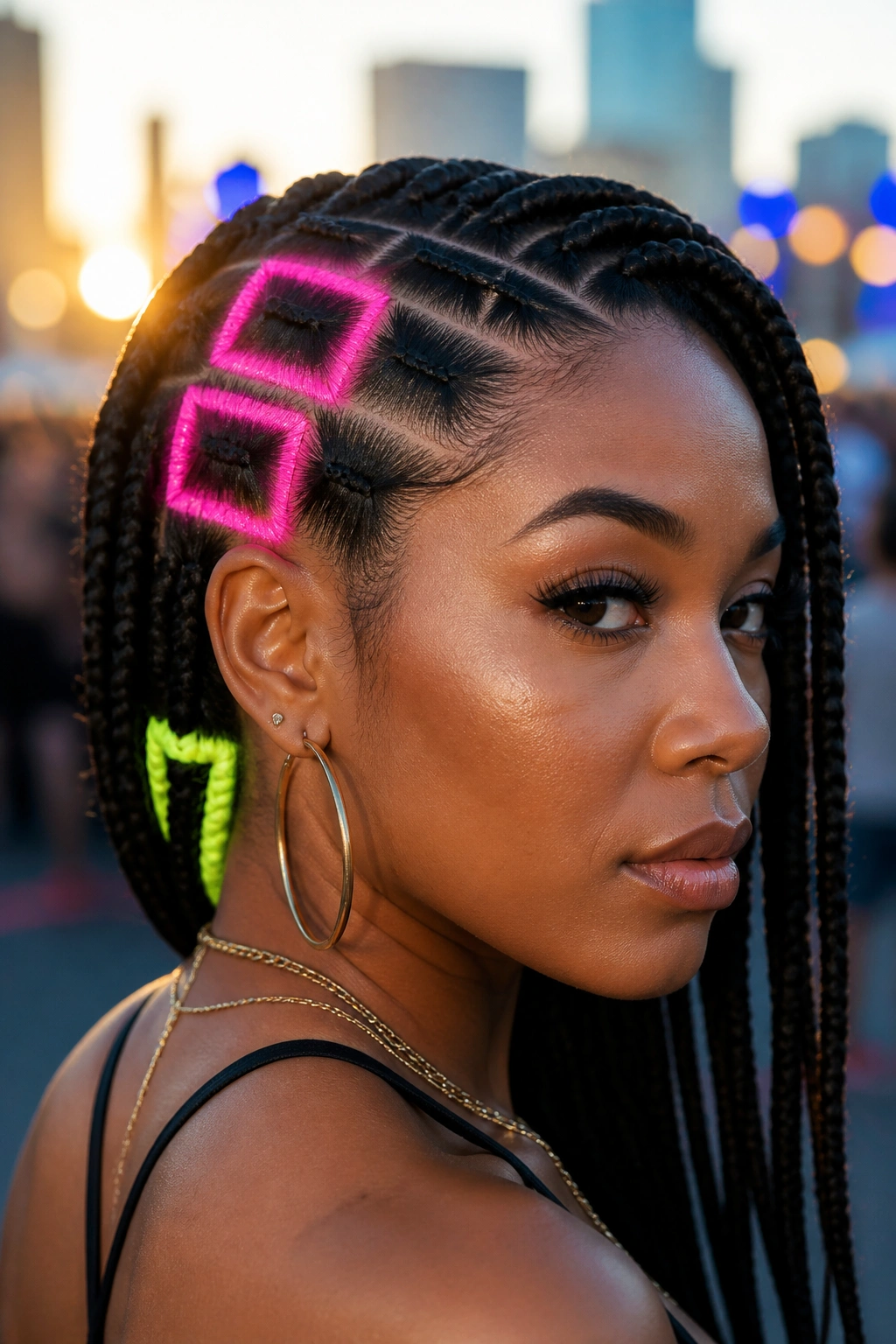 Close-up of a real woman with neon accent square braids in a festival setting