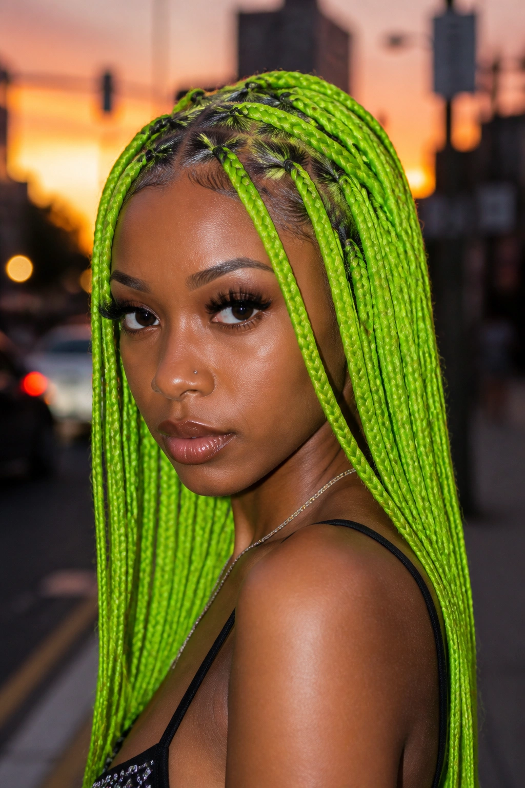 Close-up of a real person with neon green triangle-part knotless braids in vivid color.