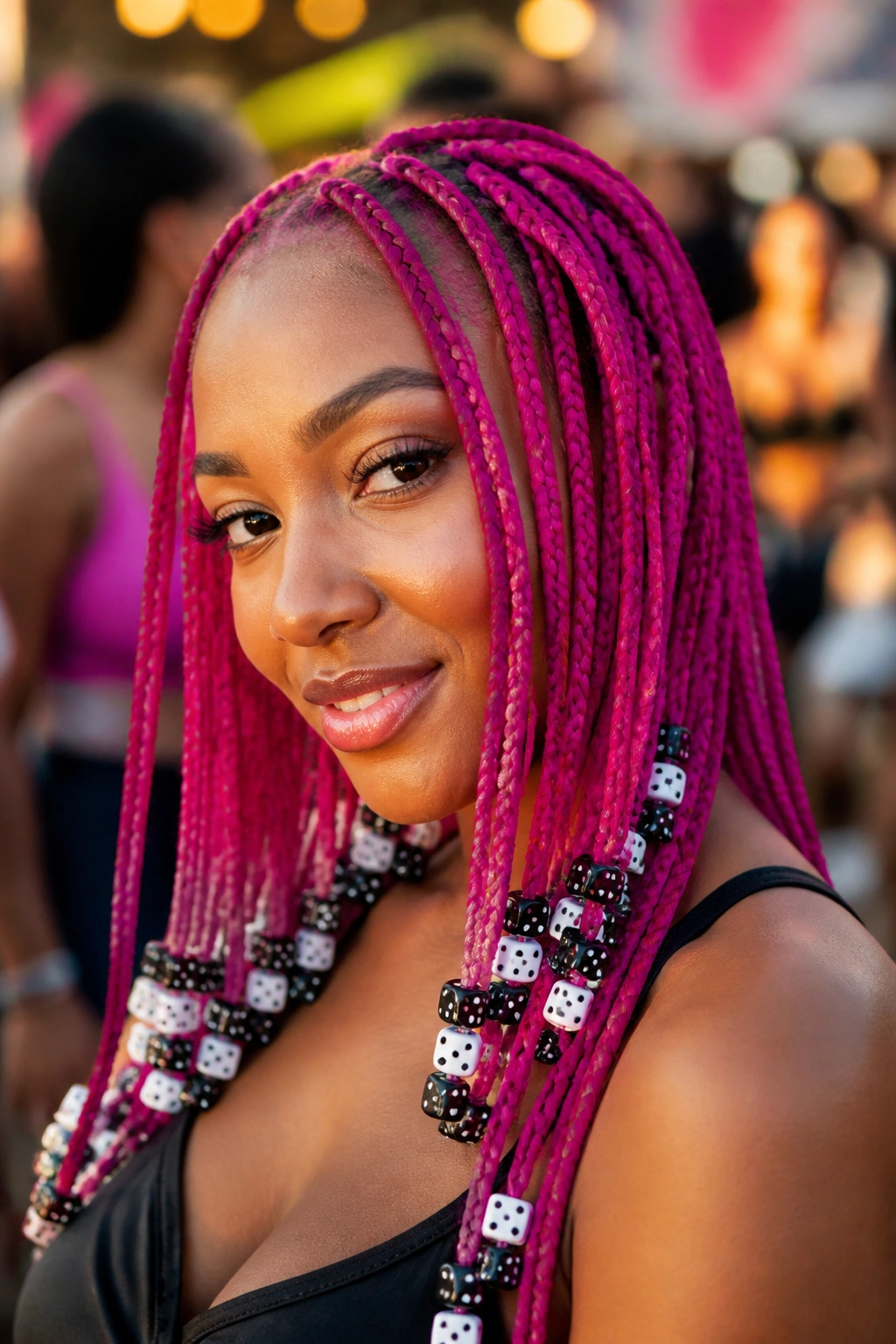 Close-up of real person with neon magenta knotless braids and black and white dice beads outdoors
