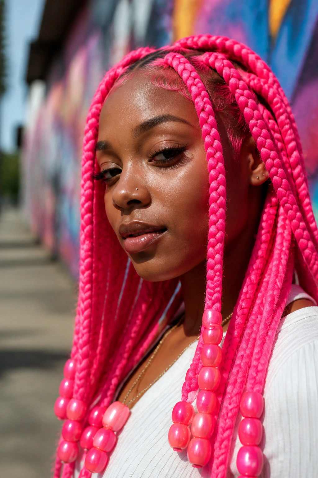 Close-up neon pink jumbo knotless braids with oversized pony beads