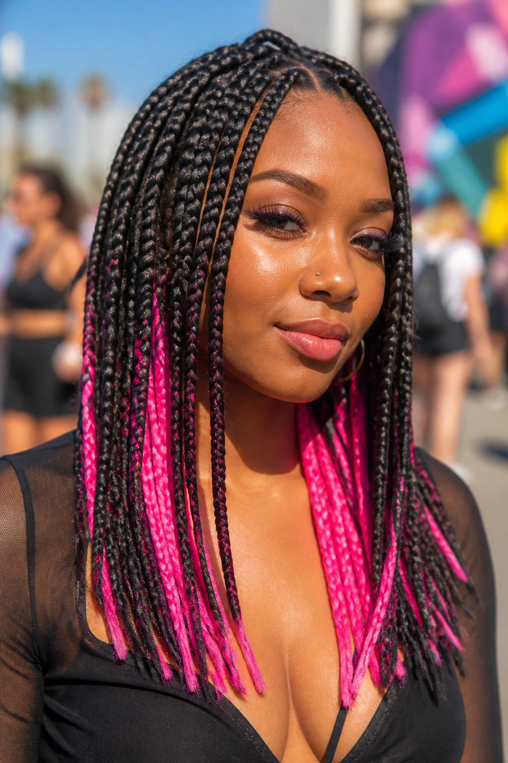 Portrait of a real woman with neon pink peekaboo in box braids.