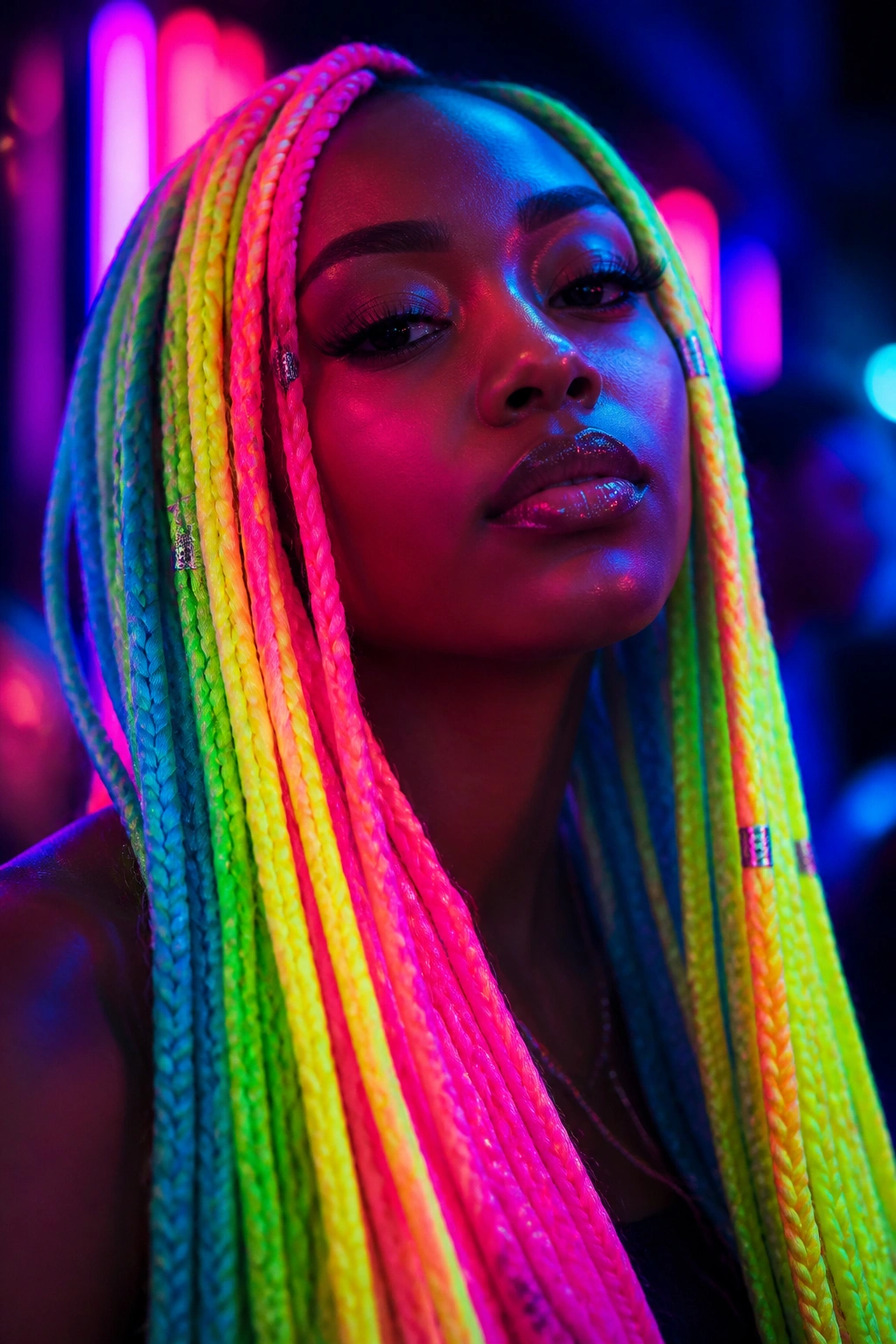 Close-up of real woman with neon electric rainbow braids under neon lights.