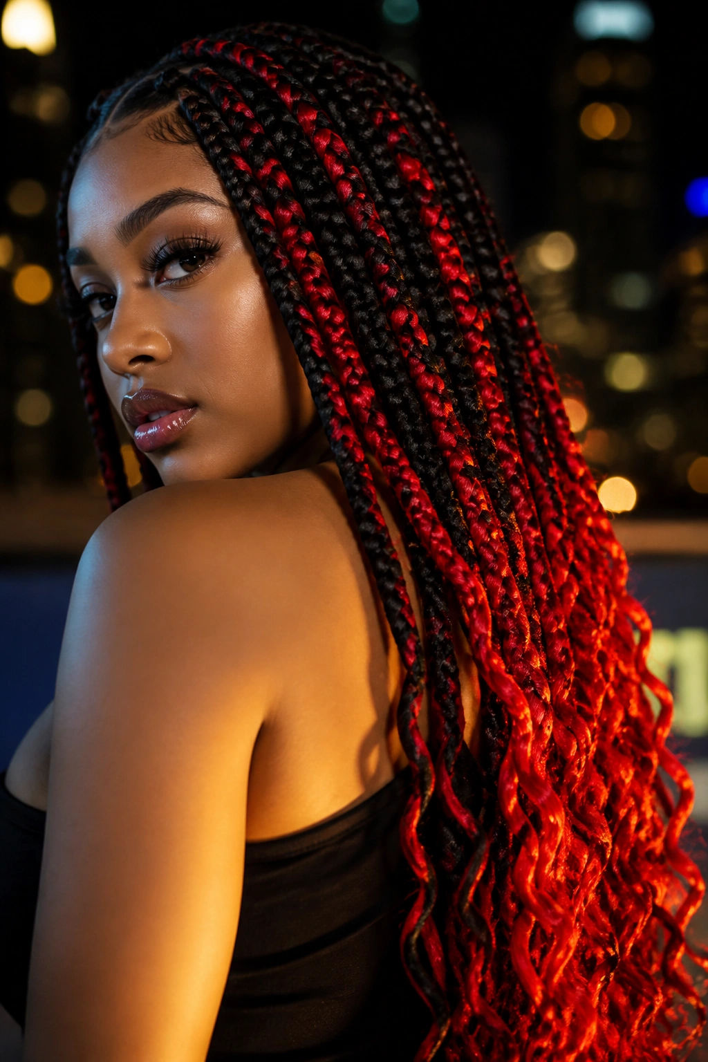 Real person with neon red peekaboo in jumbo braids under dark base, long curls