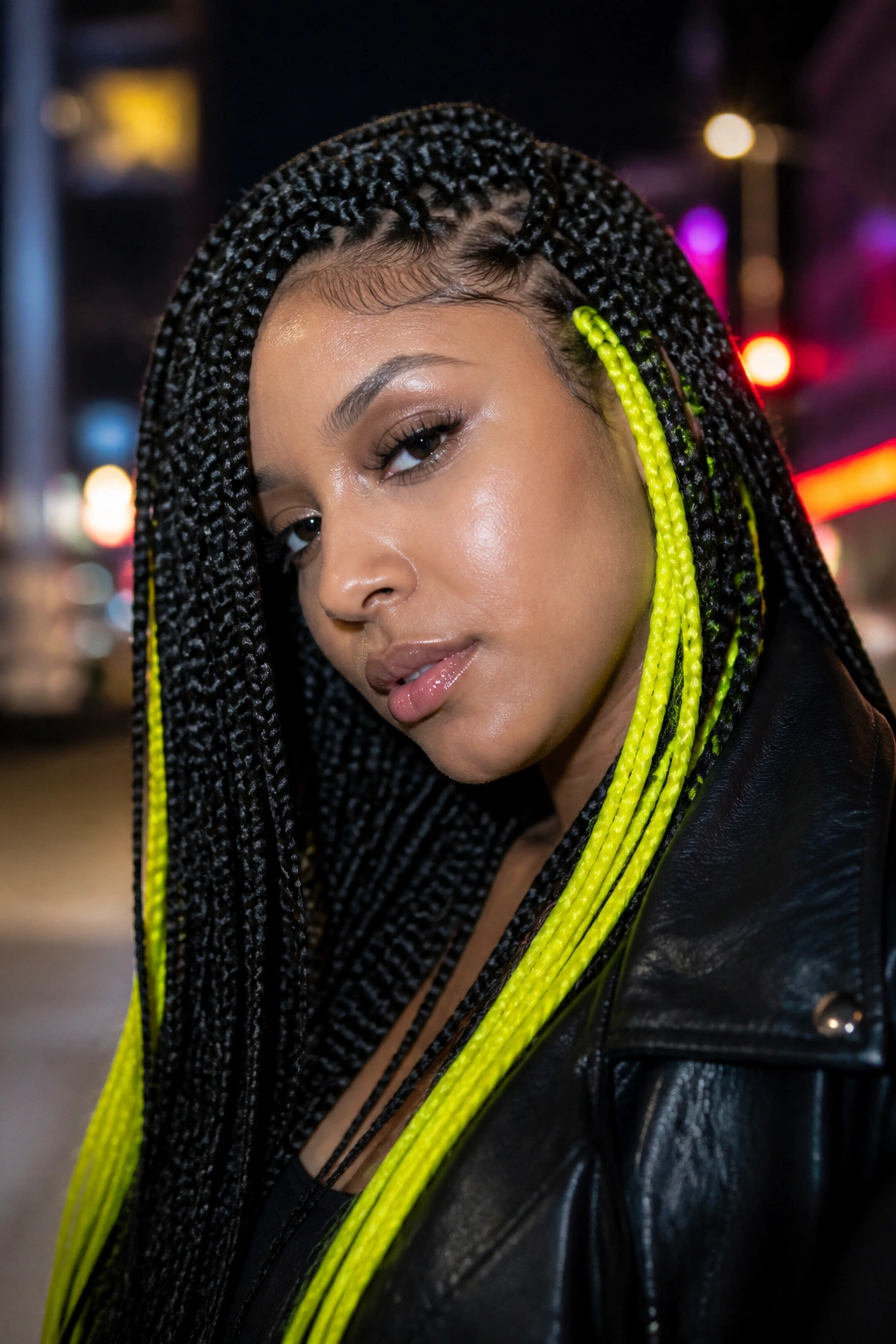 Close-up portrait of a real woman with neon yellow peekaboo in box braids at night