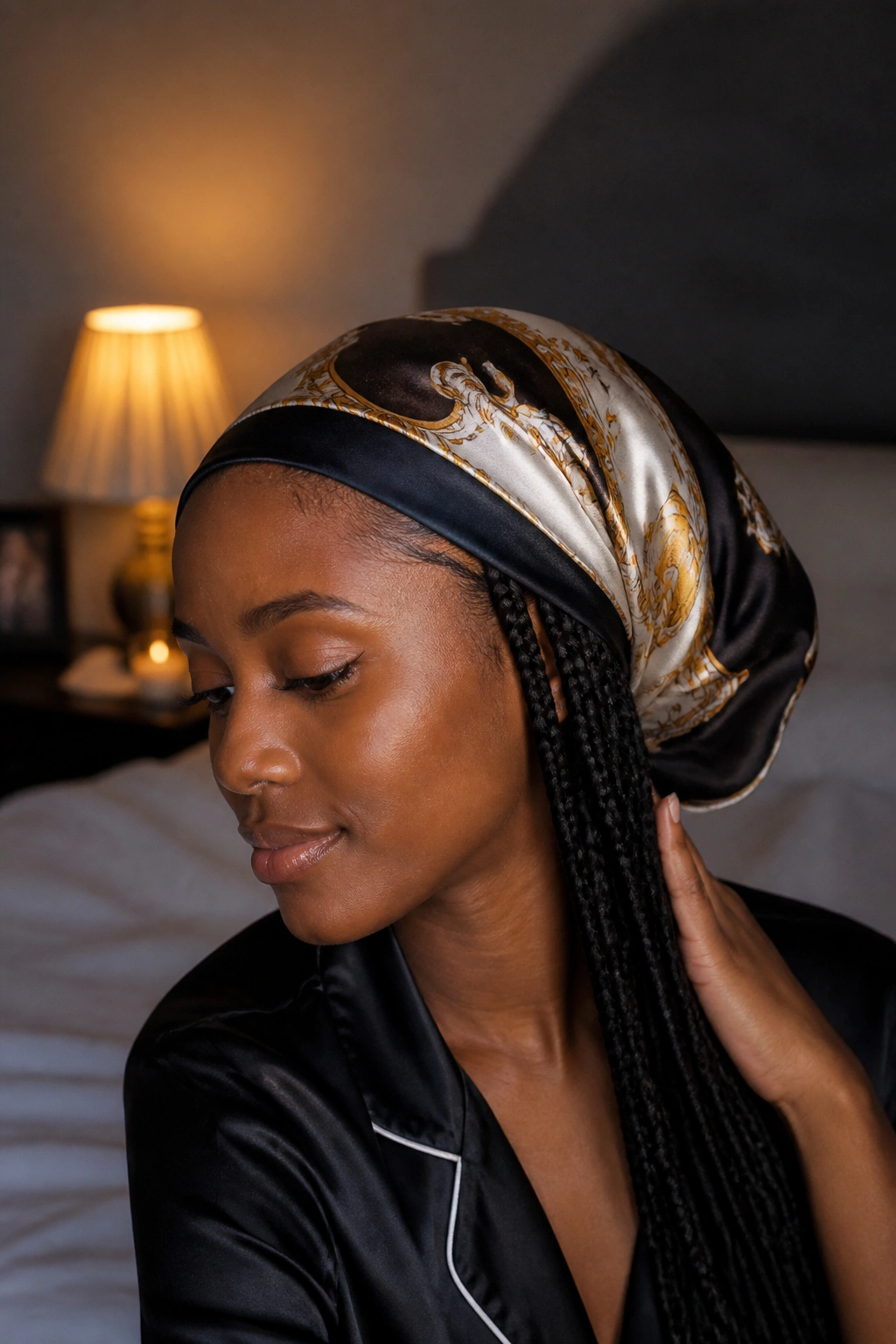 Person in softly lit bedroom wearing satin scarf with braids tucked away