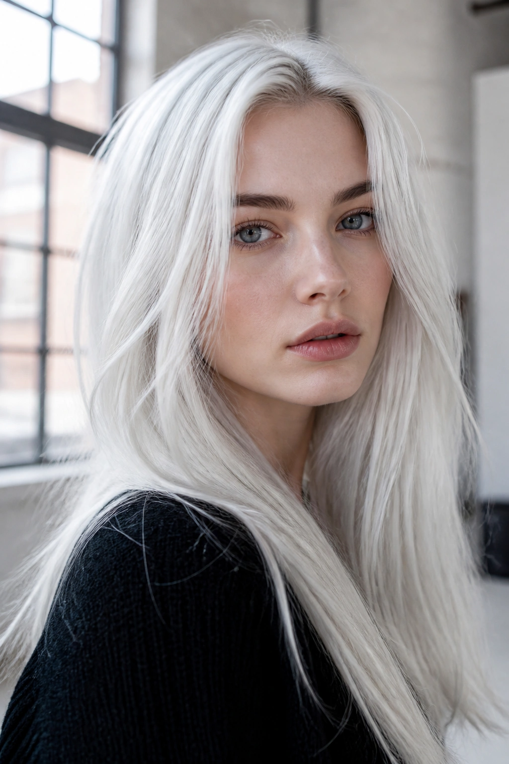 Portrait of a woman with stark Nordic white hair in an urban loft setting.