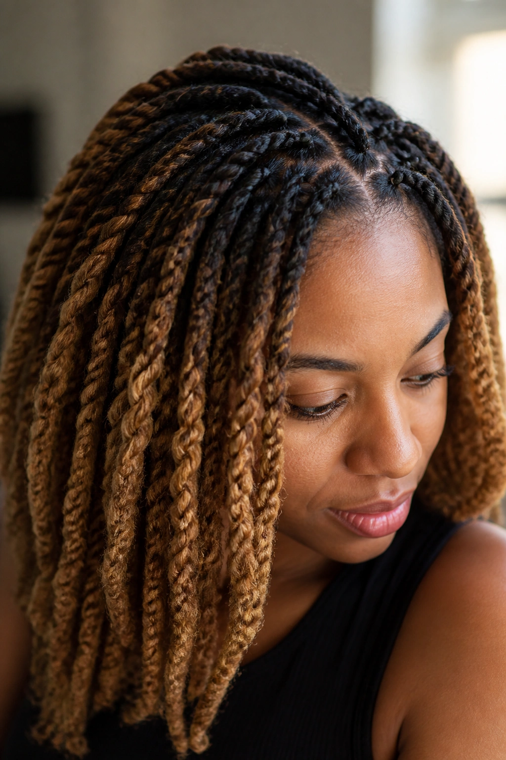 Close-up of a real person with ombre root Afro twists showing color transition