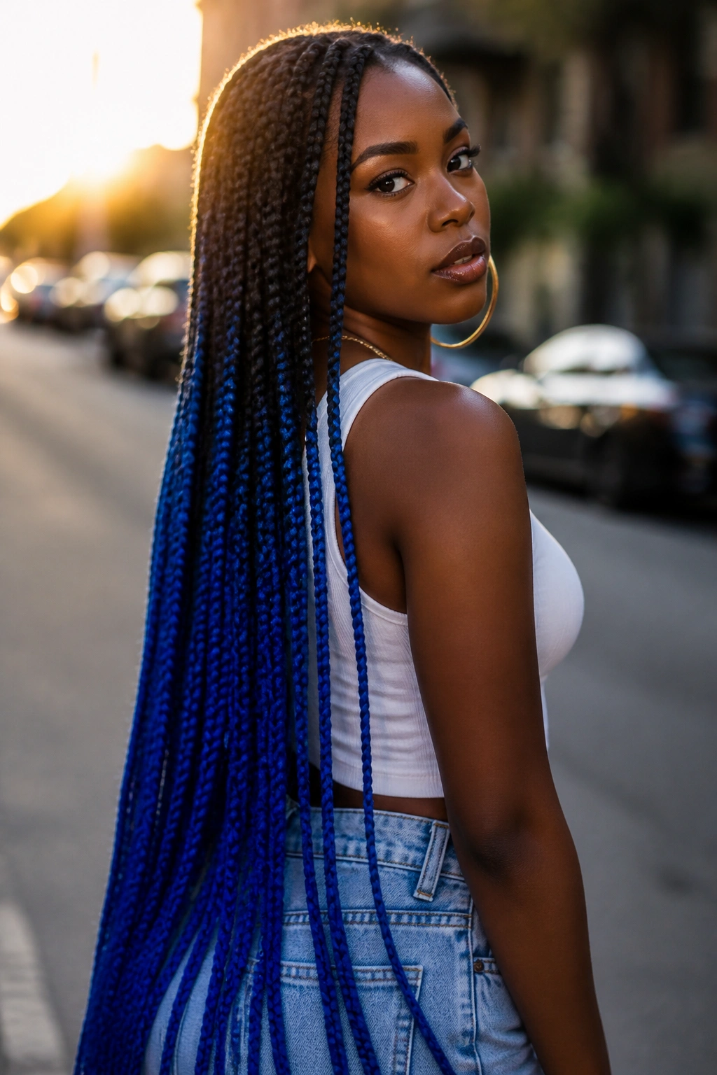 Real person with thigh-length ombré royal blue braids on urban street