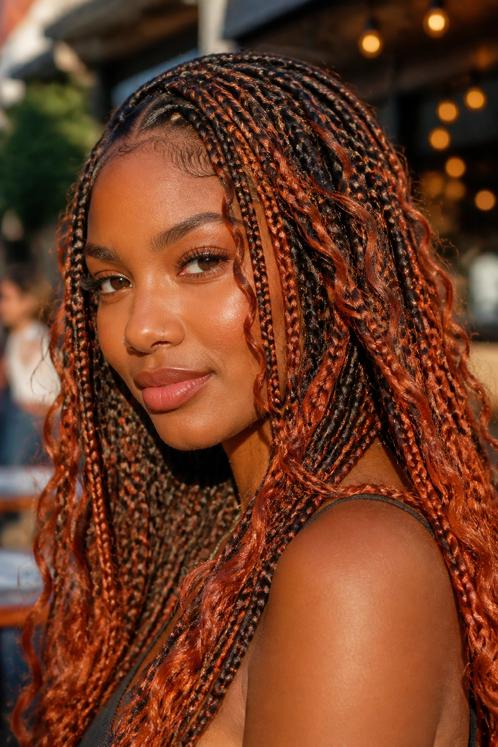 Close-up portrait of ombré copper-toned boho braids in golden hour light.