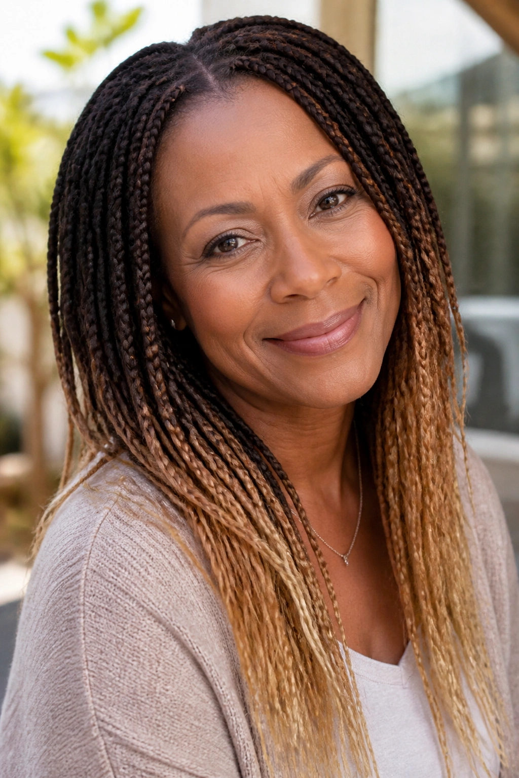 Portrait of a woman with ombré braids from dark roots to light ends
