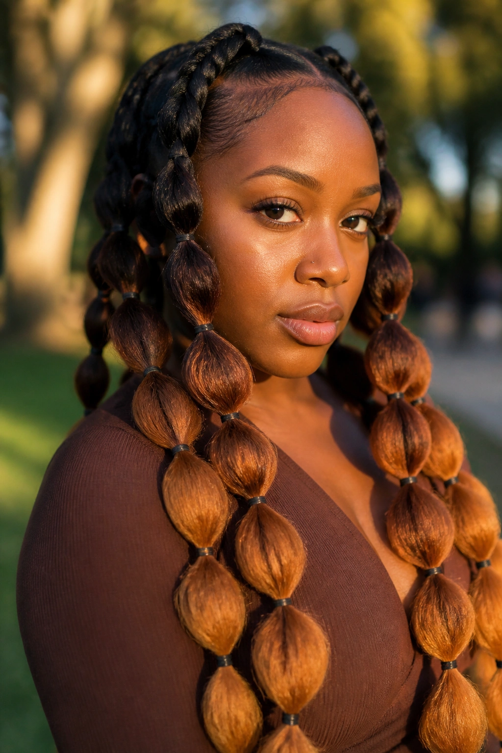 Real person with ombre extension bubbles showing color gradient from roots to tips