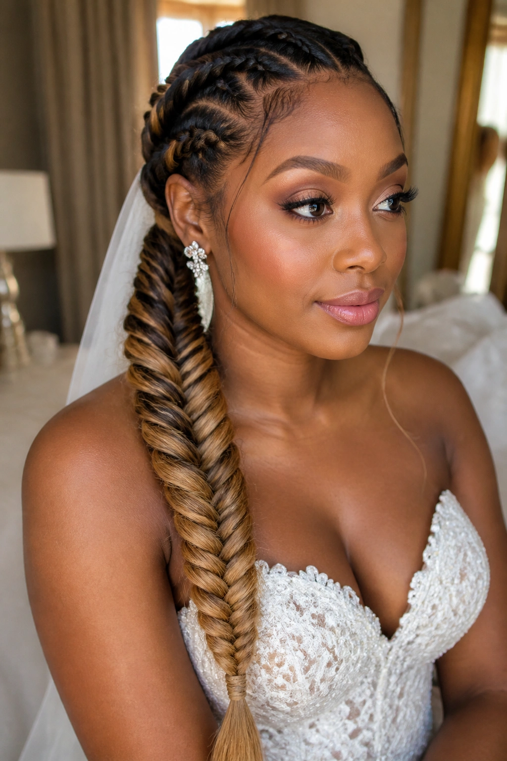 Bride with ombre fishtail braid using braiding hair