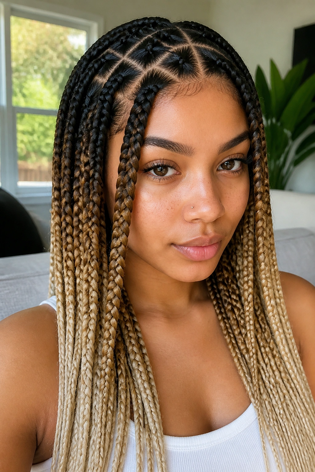 Close-up of a real woman with ombré geometric square braids in a bright room
