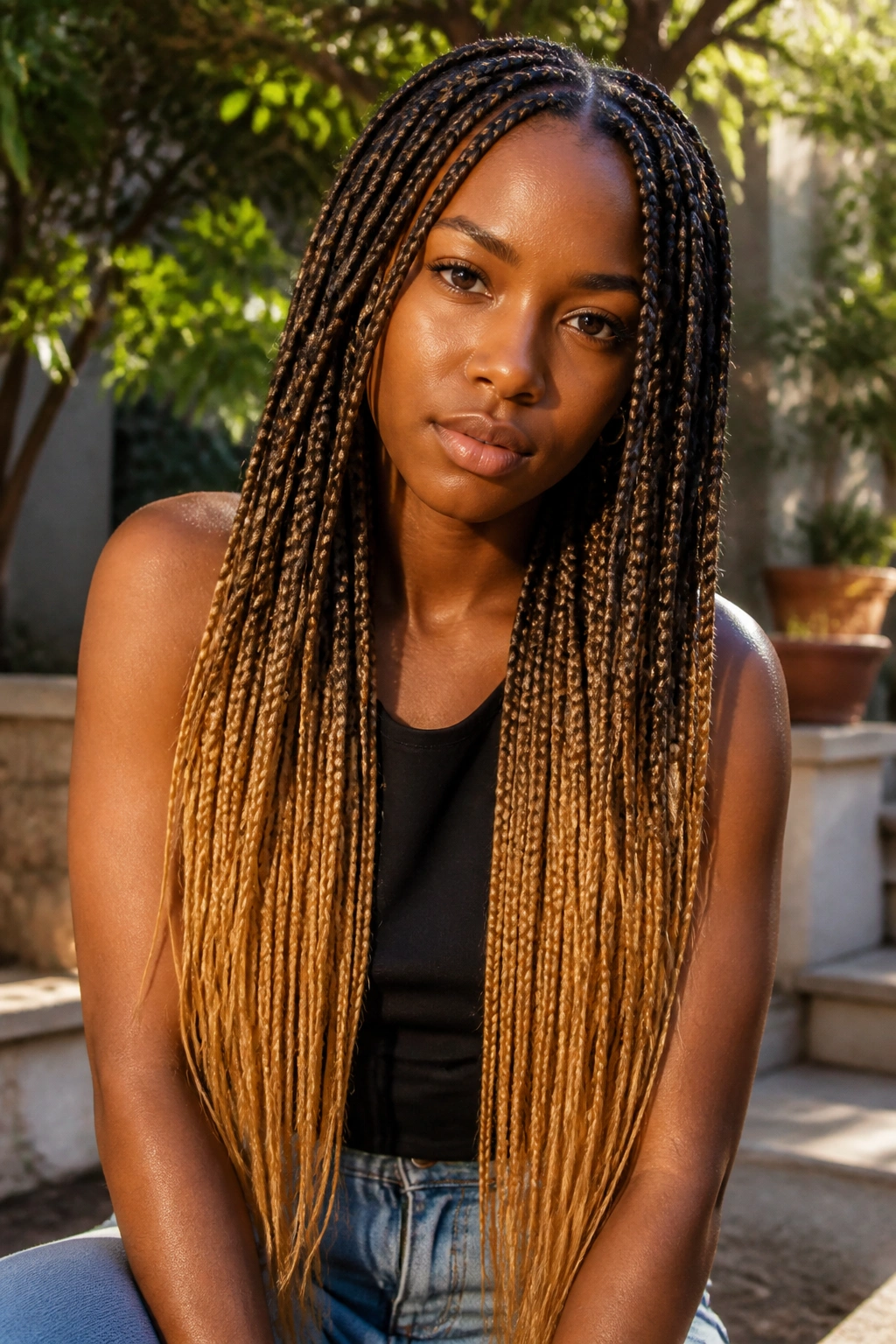 Medium close-up of a real person with ombre honey blonde long box braids outdoors at golden hour