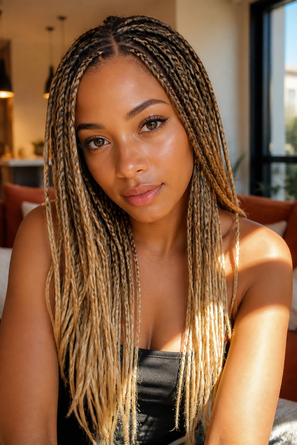 Knotless braid with honey blonde ombre on real woman