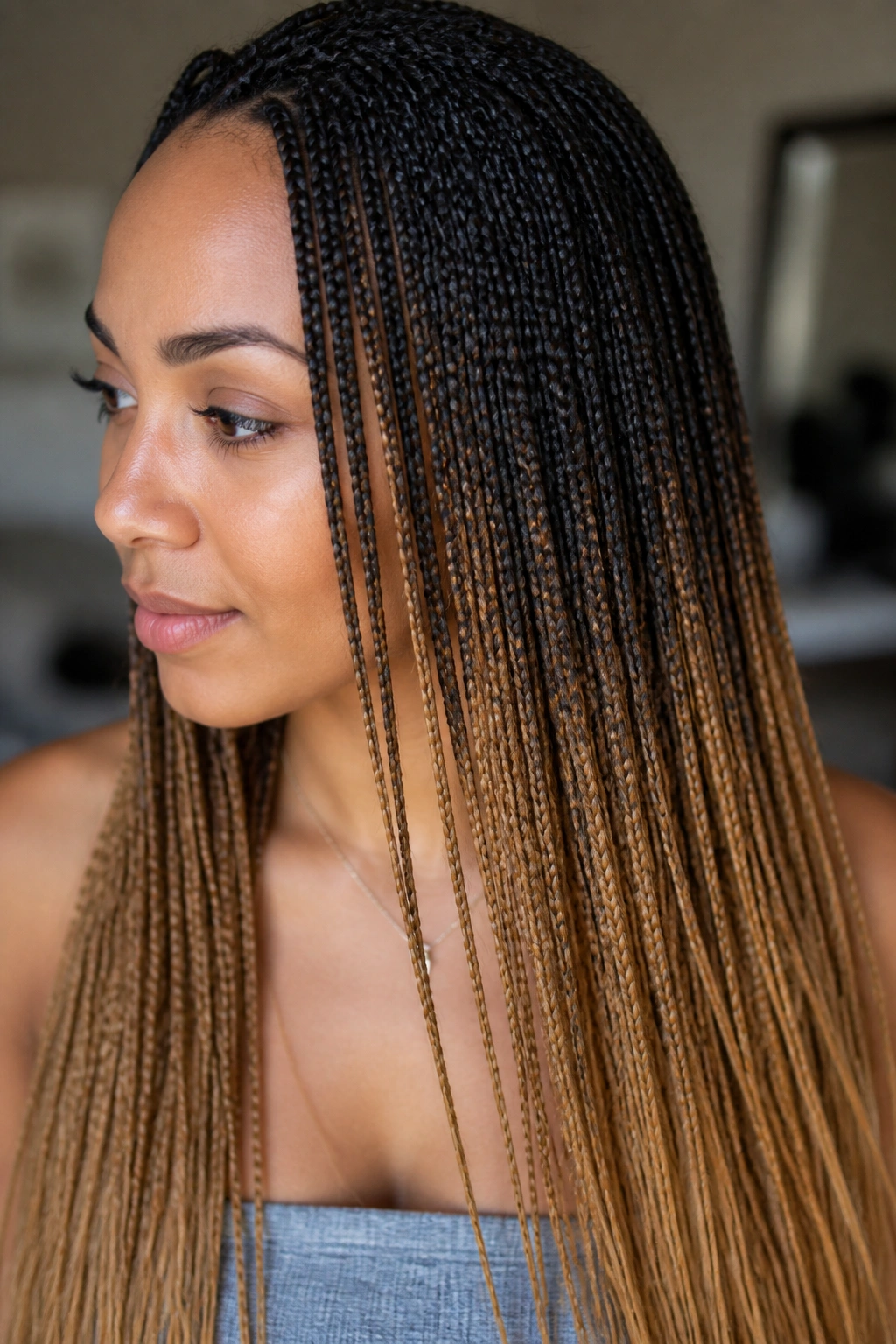 Close-up of a real woman with ombre micro braids