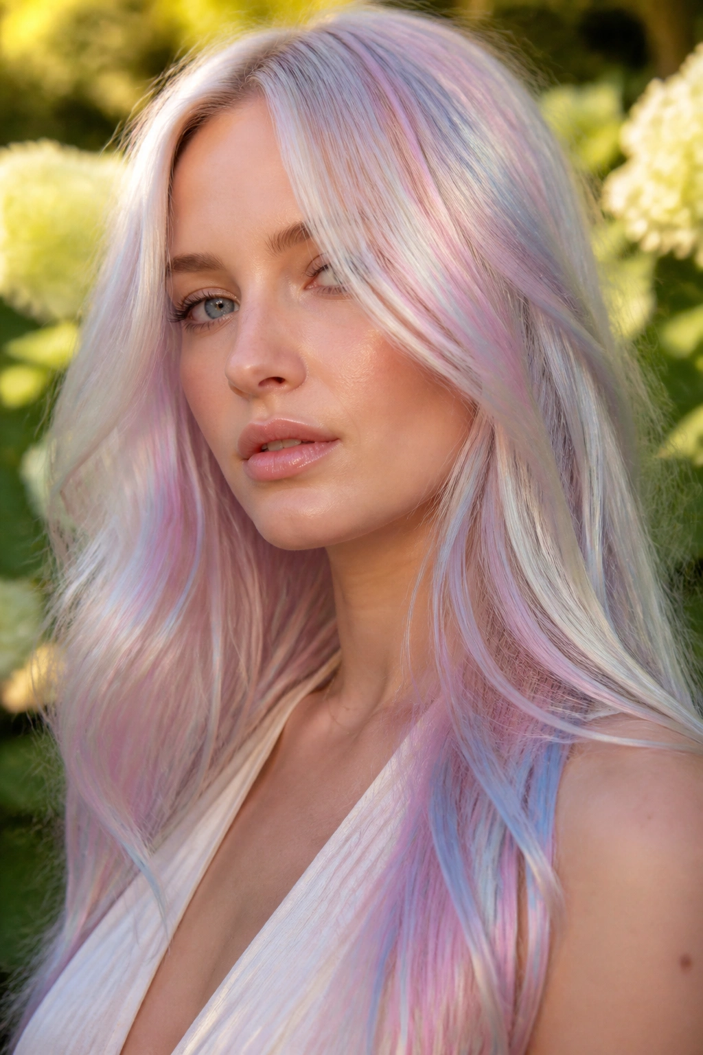 Portrait of a woman with opalescent hair showing violet, pink, and blue hues in sunlight.